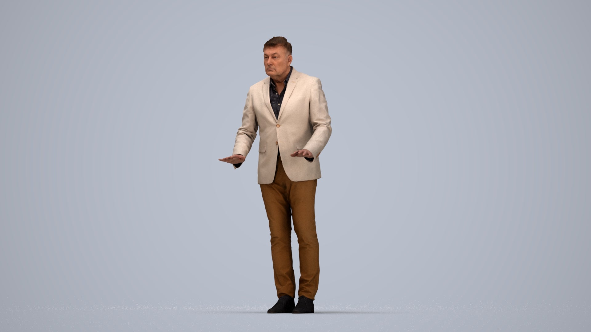 3D people model man business standing, scanned human for 3ds Max rendering, top-down view render