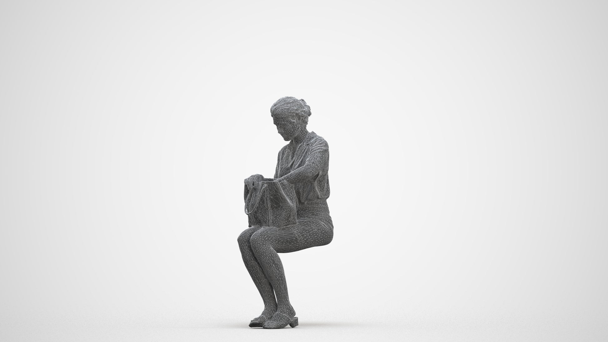 3D scanned woman sitting casual, photorealistic archviz people for Enscape and SketchUp, three-quarter front view render