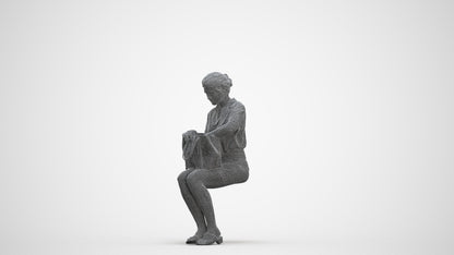 3D scanned woman sitting casual, photorealistic archviz people for Enscape and SketchUp, three-quarter front view render