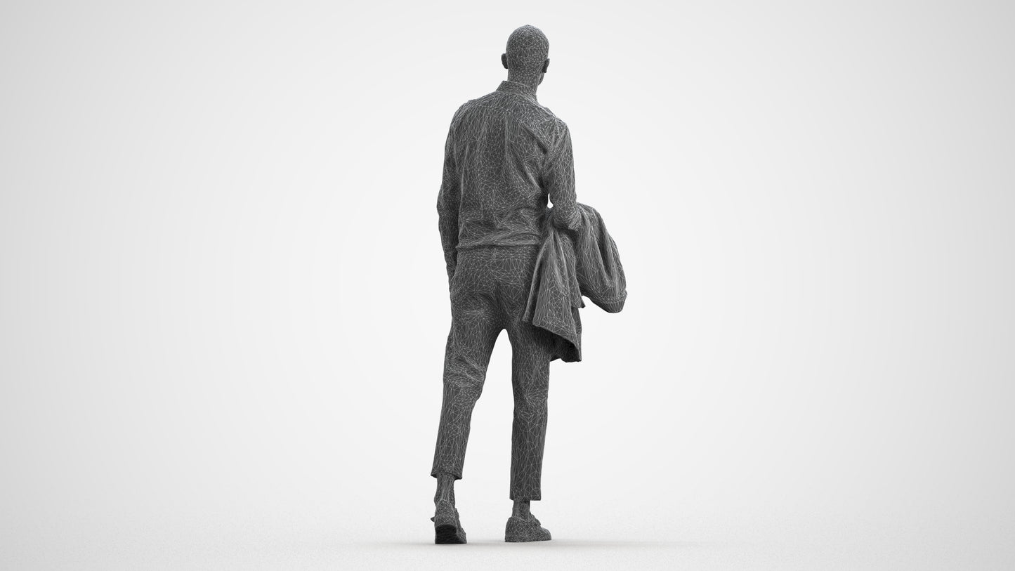 photogrammetry 3D man business walking, realistic human model archviz FBX, wireframe front view