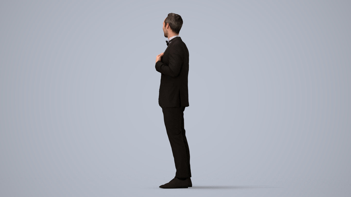 3D human model man formal formalaffairs, photogrammetry scanned person for archviz, three-quarter view render