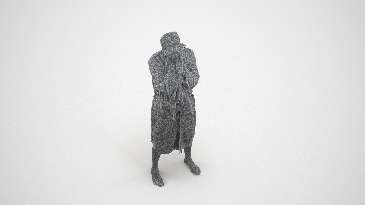 realistic 3D man bathroom, scanned archviz people for Blender and 3ds Max, wireframe three-quarter view