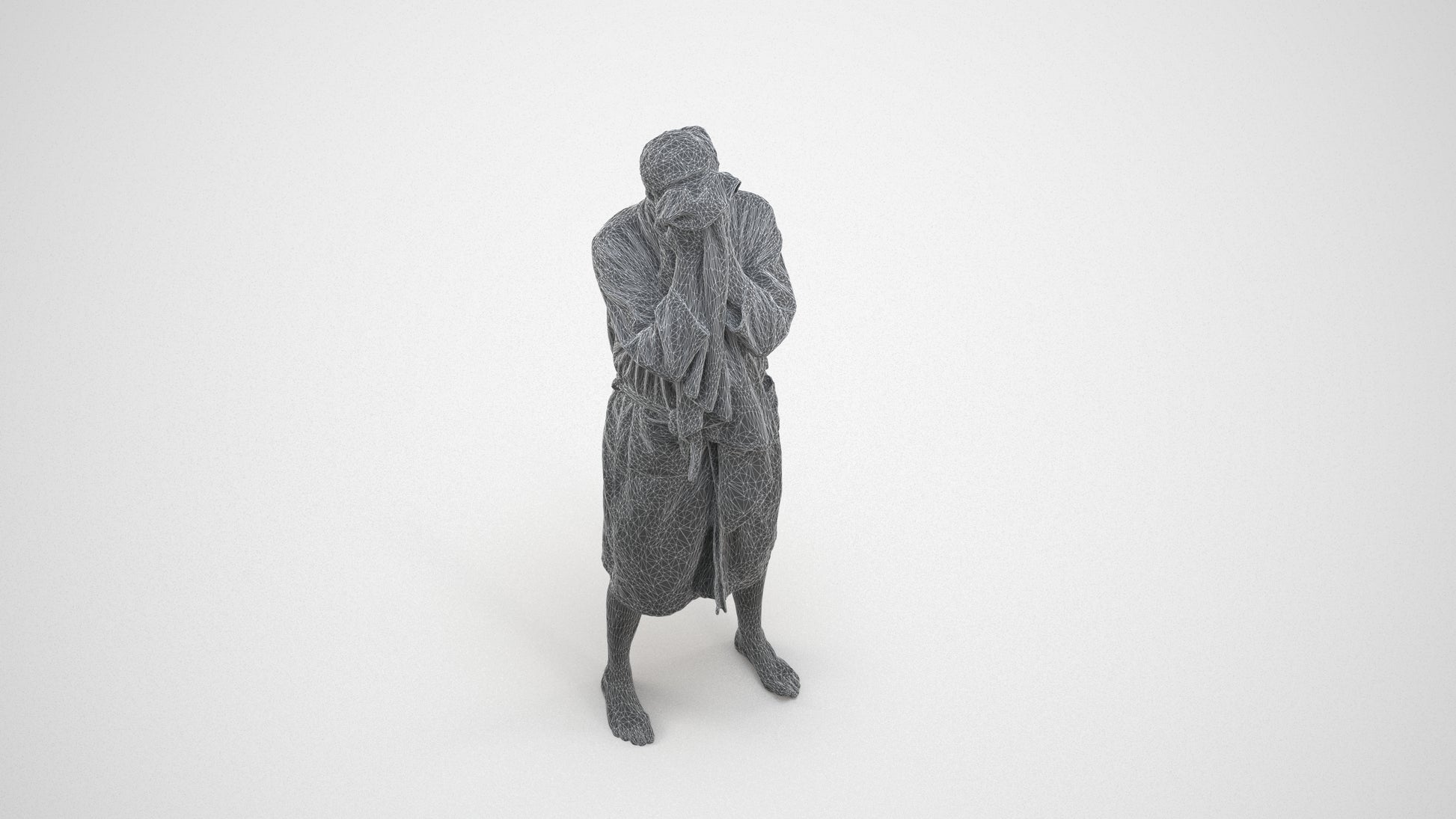 realistic 3D man bathroom, scanned archviz people for Blender and 3ds Max, wireframe three-quarter view