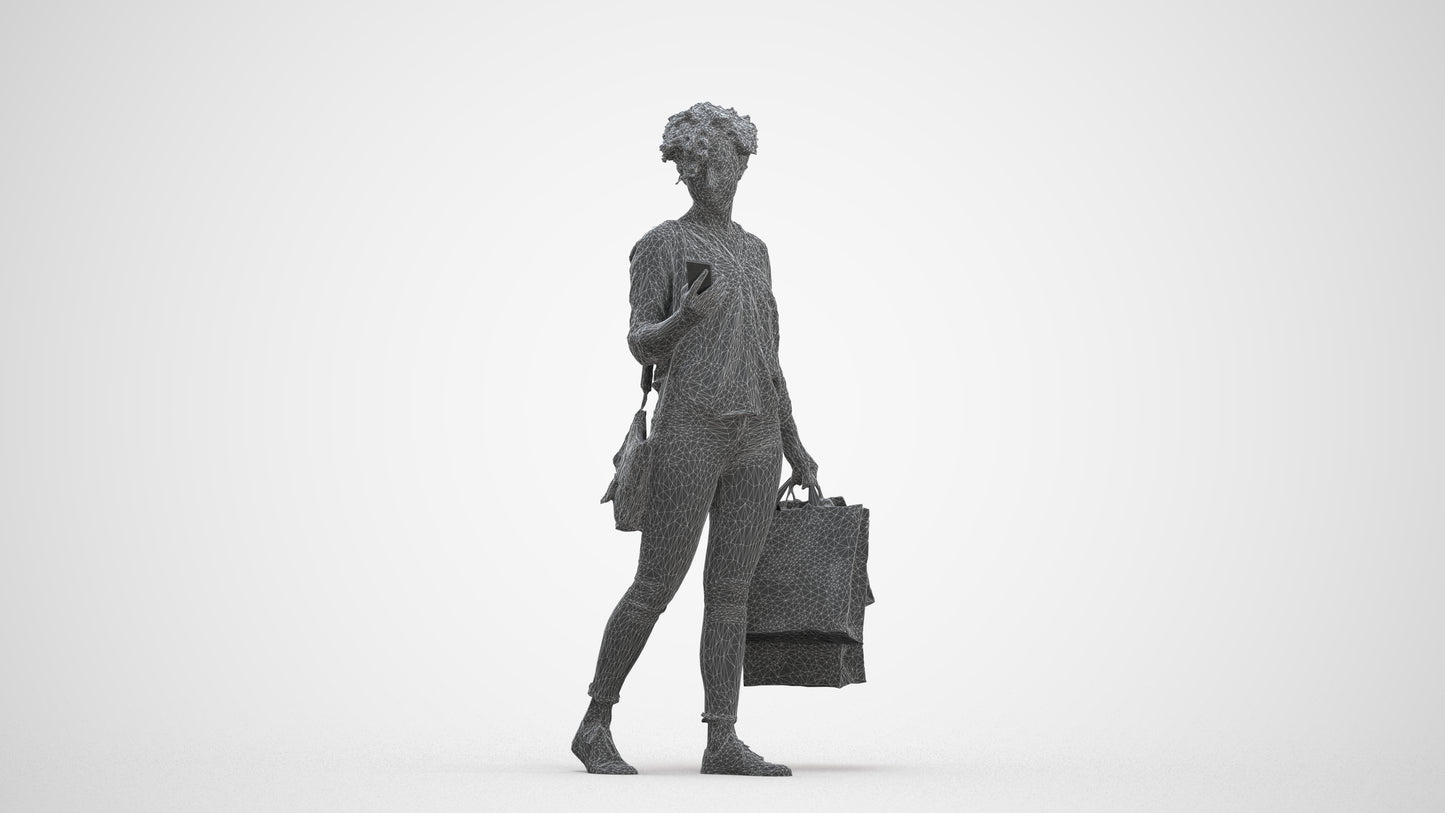 3D human model woman casual standing, photogrammetry scanned person for archviz, three-quarter front view render