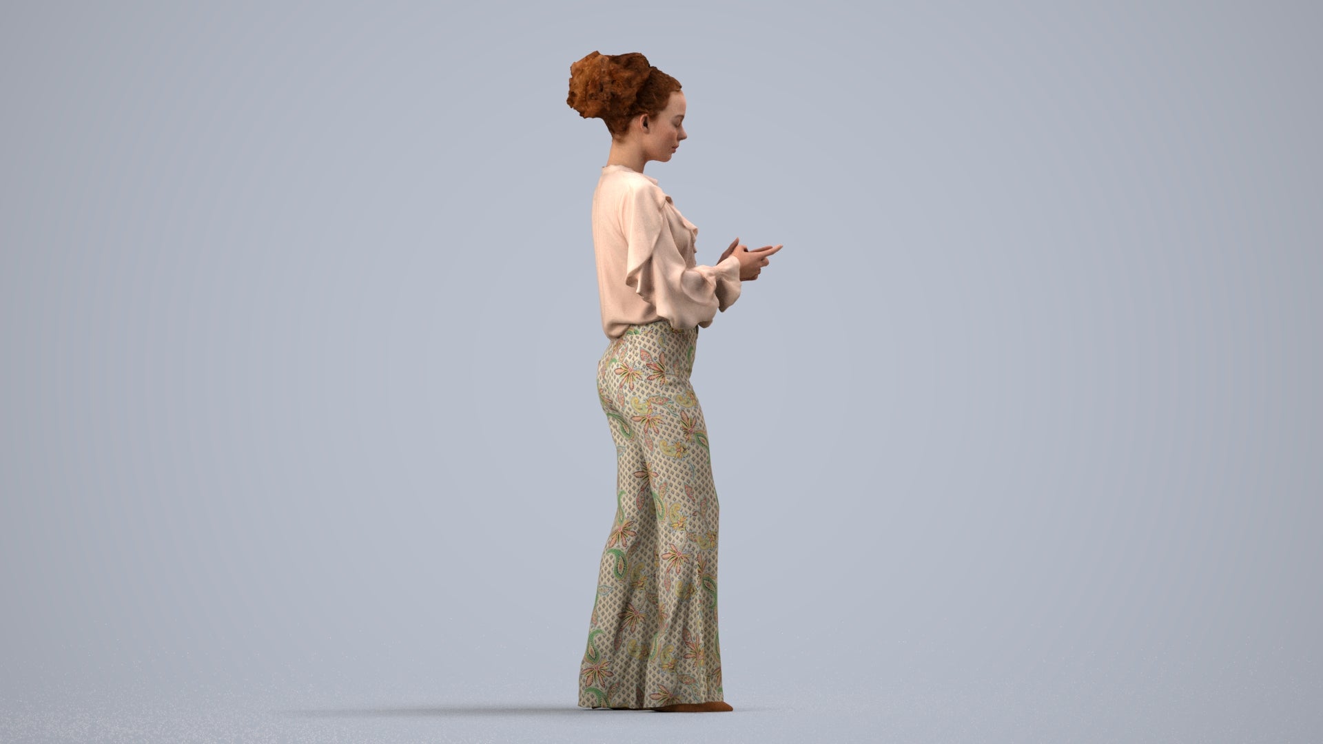 3D human model woman casual standing, photogrammetry scanned person for archviz, side view render