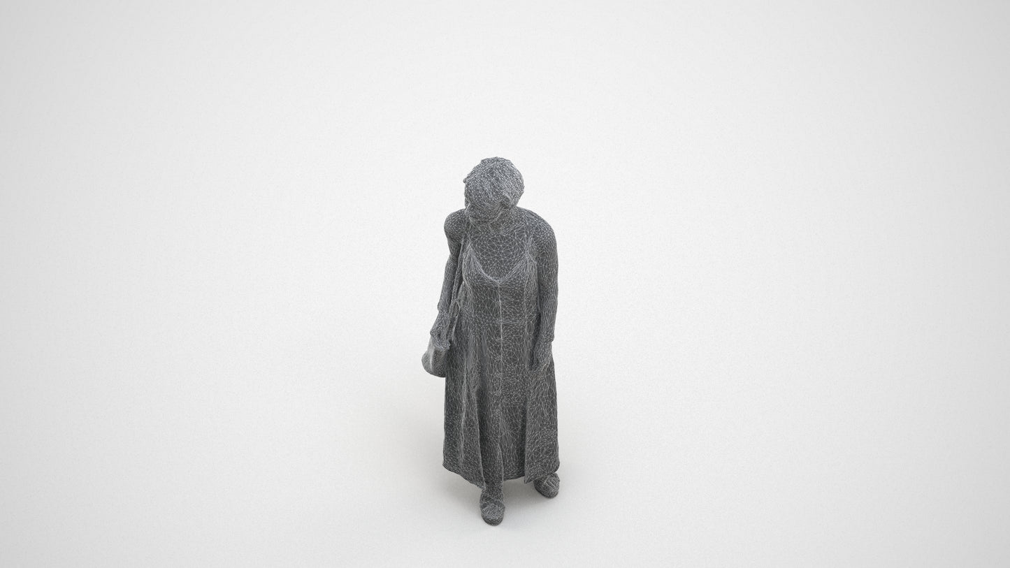 3D human model senior woman standing, photogrammetry scanned person for archviz, wireframe three-quarter view