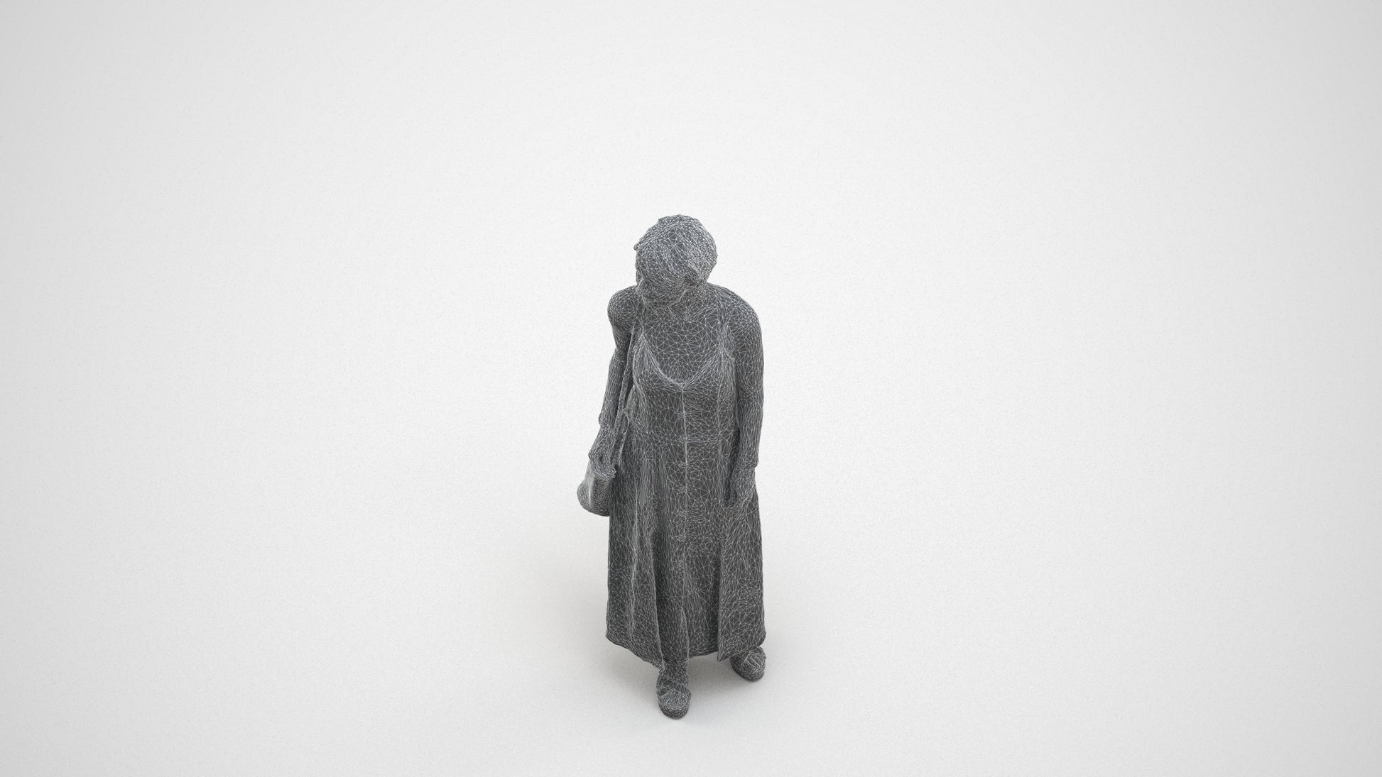 3D human model senior woman standing, photogrammetry scanned person for archviz, wireframe three-quarter view