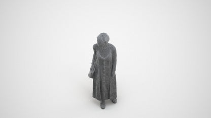 3D human model senior woman standing, photogrammetry scanned person for archviz, wireframe three-quarter view