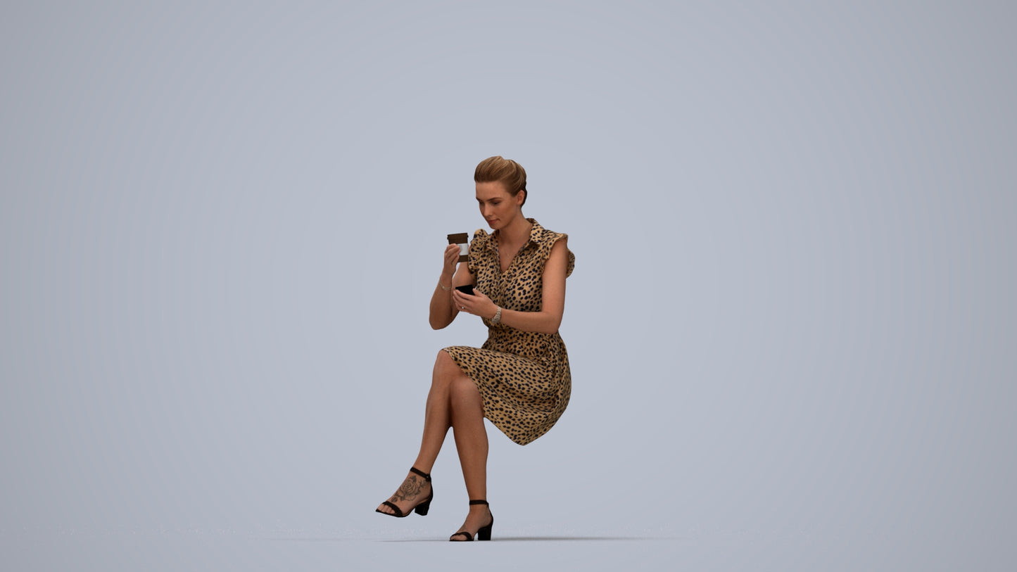 3D scanned woman sitting casual, photorealistic archviz people for Enscape and SketchUp, top-down view render