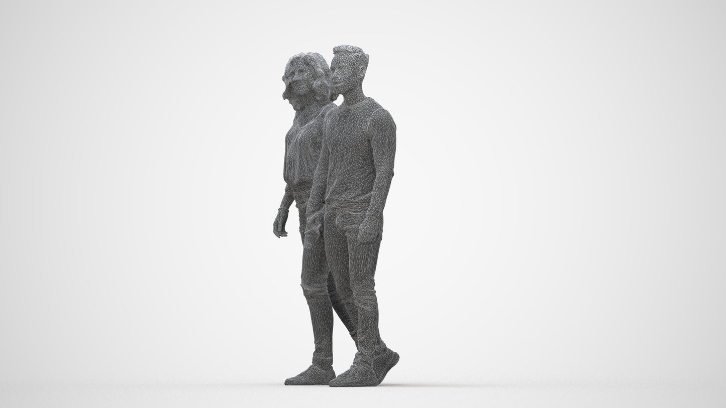 realistic 3D woman casual couple, scanned archviz people for Blender and 3ds Max, wireframe back view