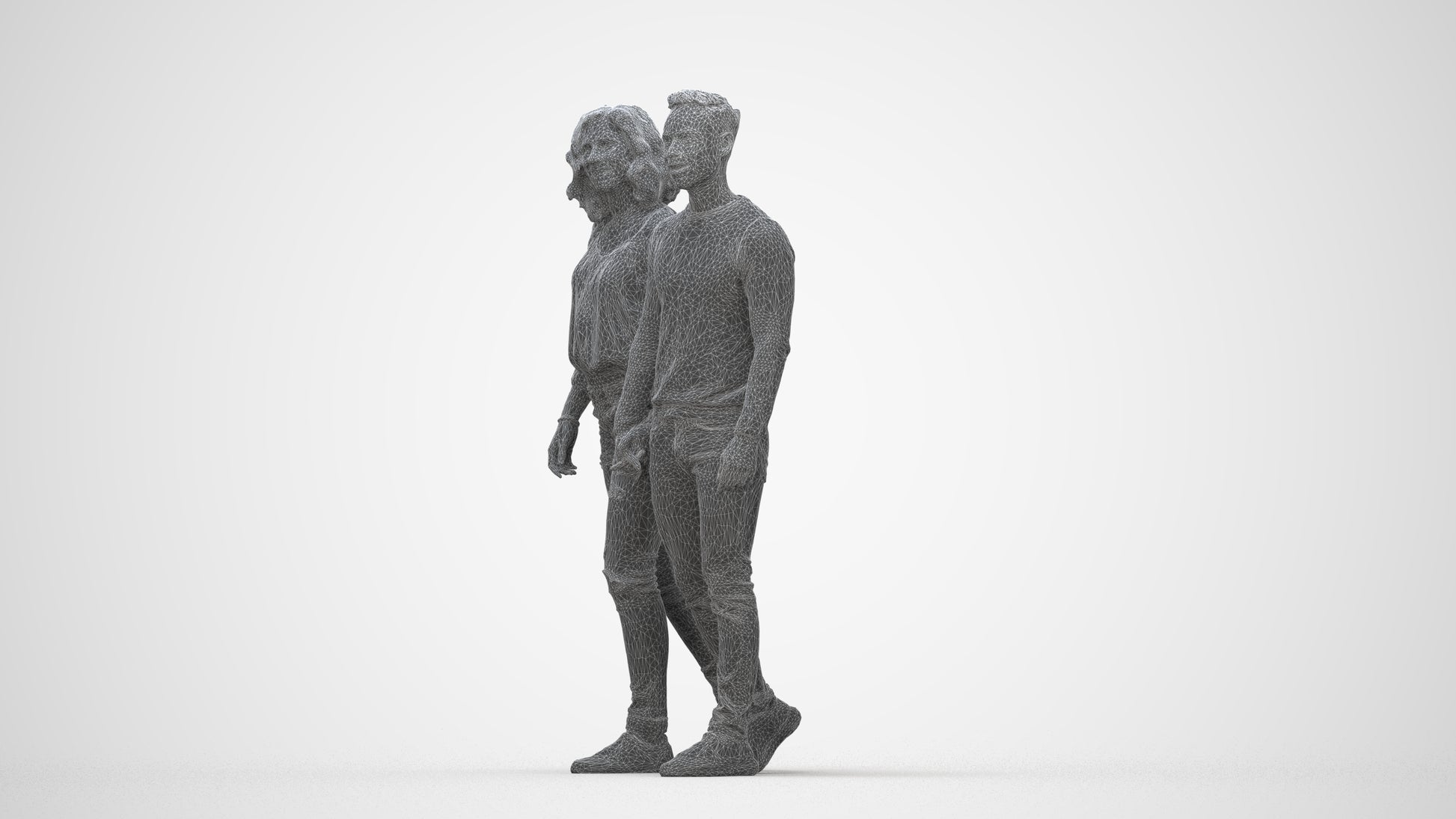 realistic 3D woman casual couple, scanned archviz people for Blender and 3ds Max, wireframe back view