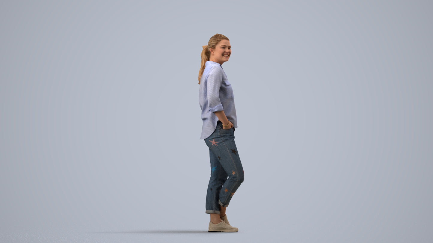 3D scanned woman standing casual, photorealistic archviz people for Enscape and SketchUp, side view render