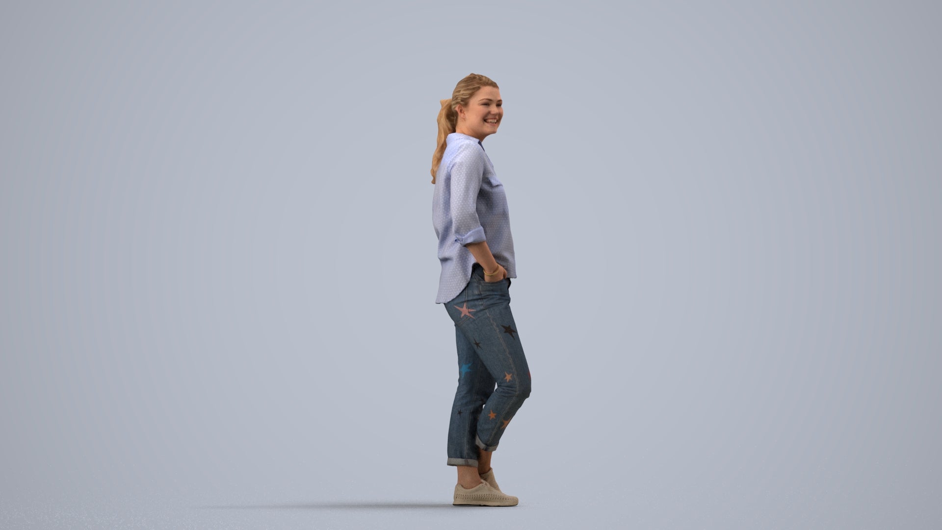 3D scanned woman standing casual, photorealistic archviz people for Enscape and SketchUp, side view render