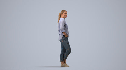 3D scanned woman standing casual, photorealistic archviz people for Enscape and SketchUp, side view render