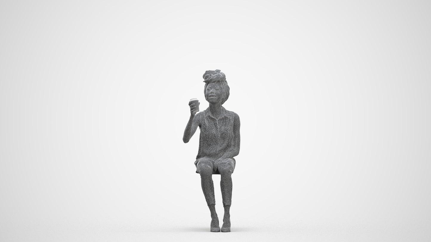 realistic 3D people woman casual sitting, render-ready for V-Ray and Corona, FBX OBJ, three-quarter front view render