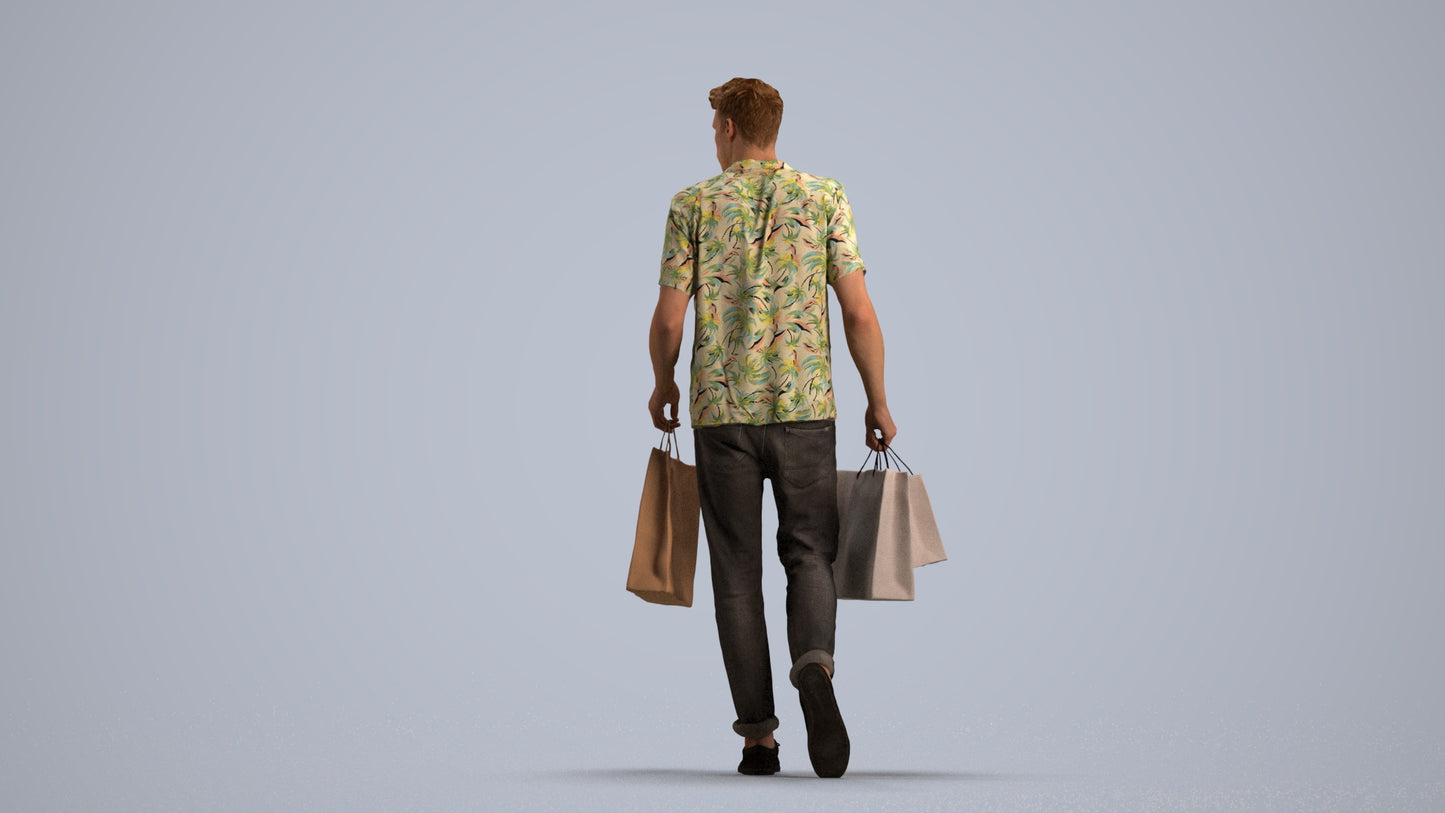 3D human model man casual shopping, photogrammetry scanned person for archviz, front view render