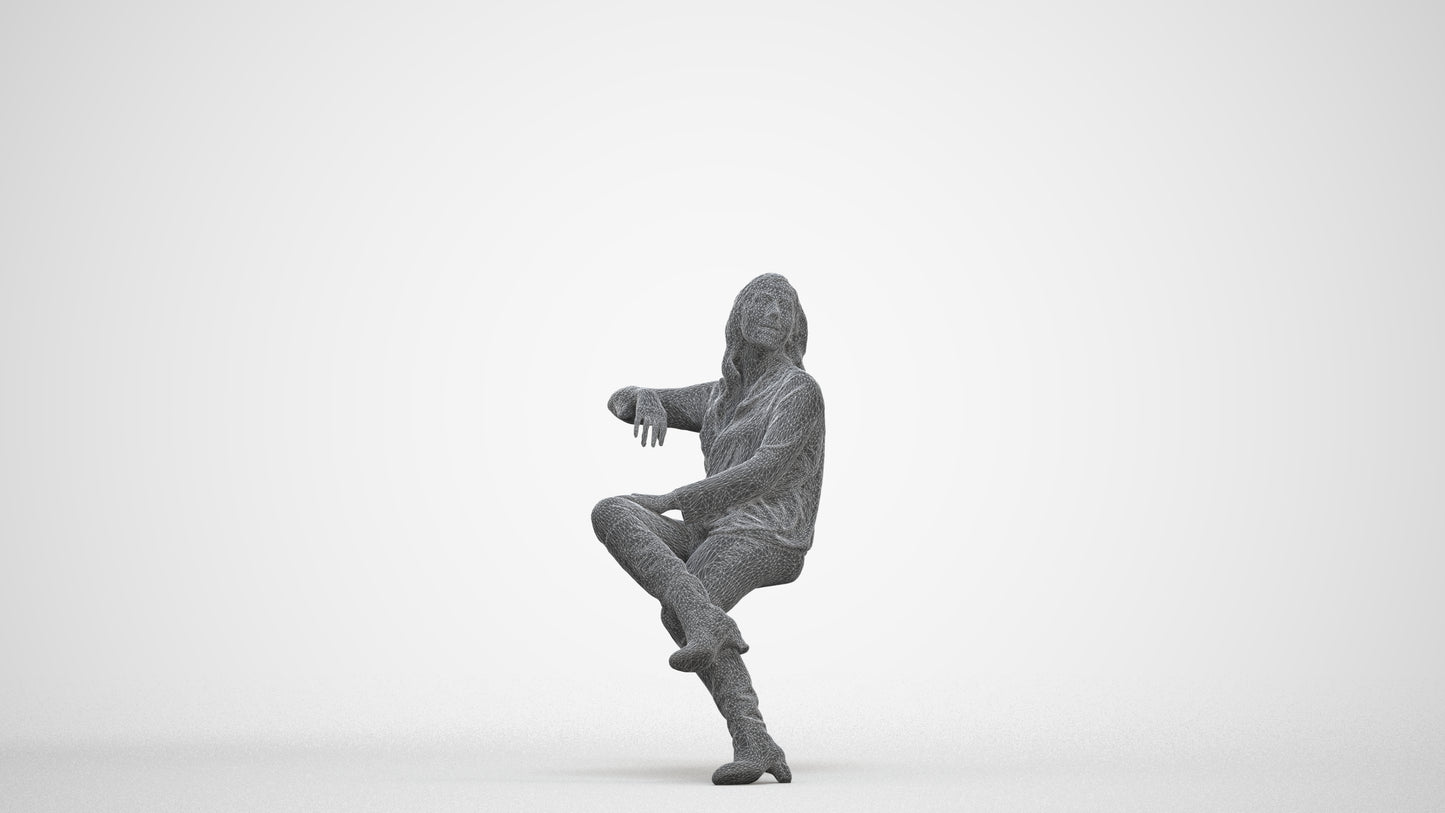 3D human model woman casual sitting, photogrammetry scanned person for archviz, three-quarter front view render