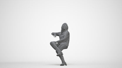 3D human model woman casual sitting, photogrammetry scanned person for archviz, three-quarter front view render