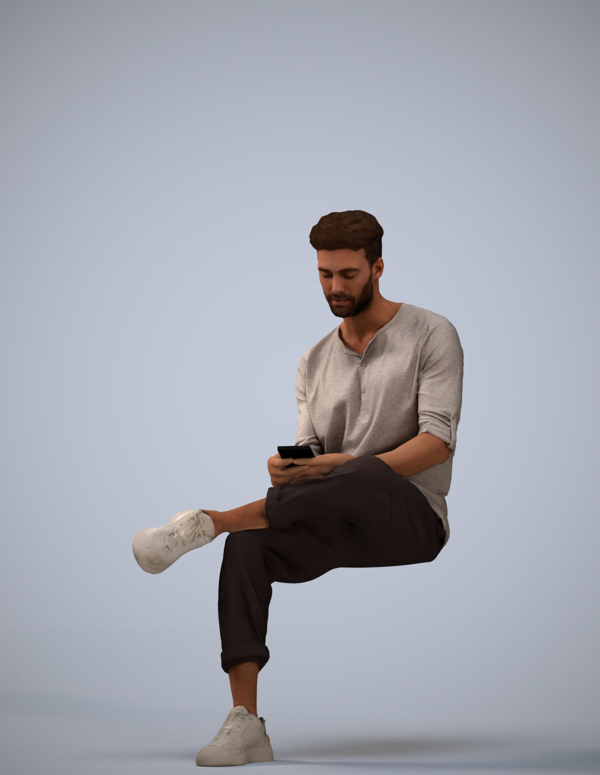 3D human model man casual sitting, photogrammetry scanned person for archviz