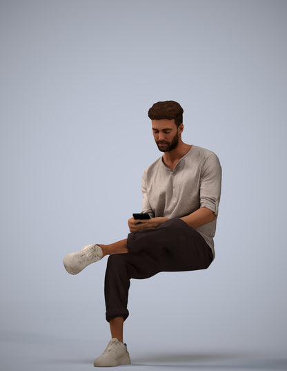 3D human model man casual sitting, photogrammetry scanned person for archviz