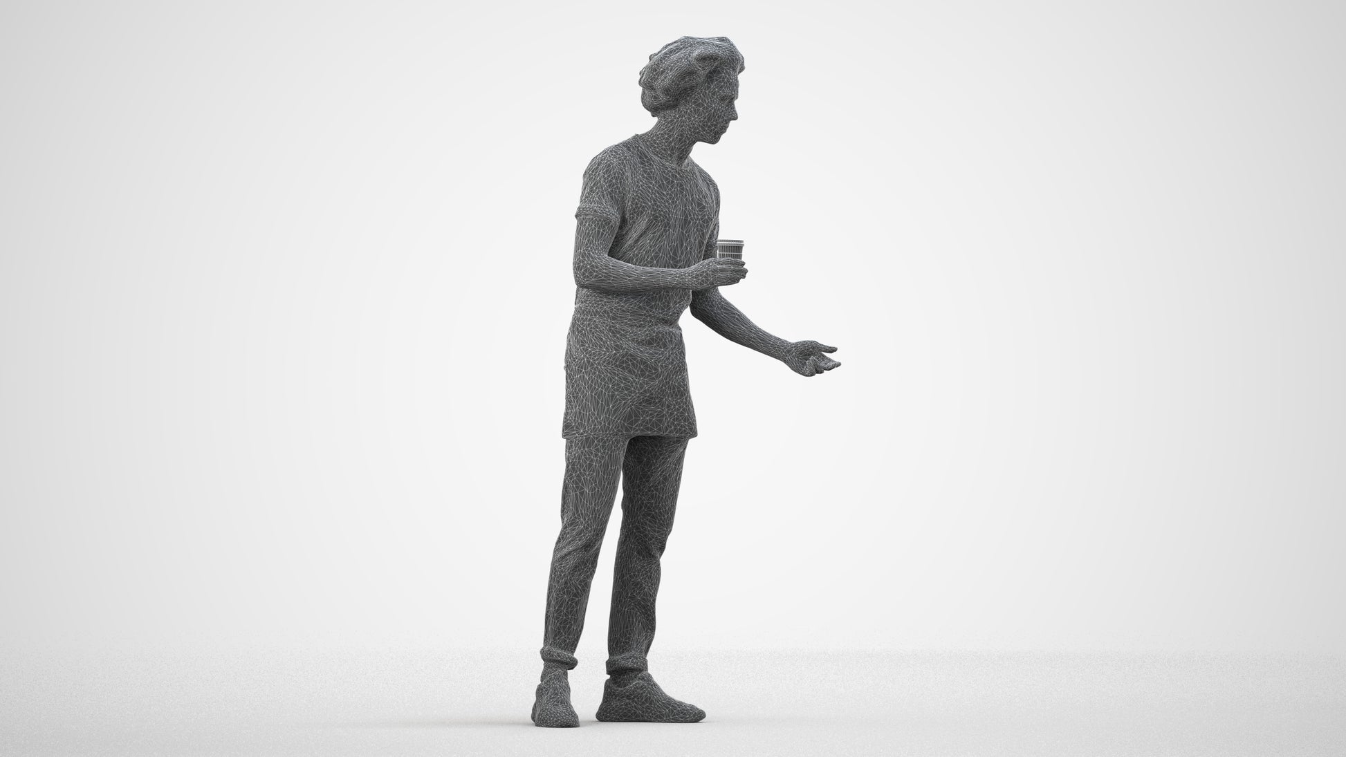3D scanned man standing, photorealistic archviz people for Enscape and SketchUp, wireframe side view