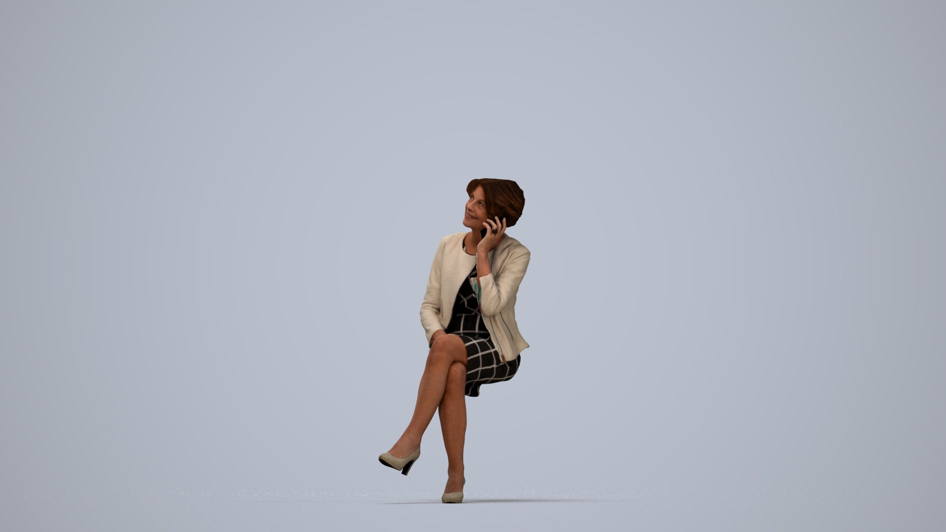 photogrammetry 3D woman business sitting, realistic human model archviz FBX, top-down view render
