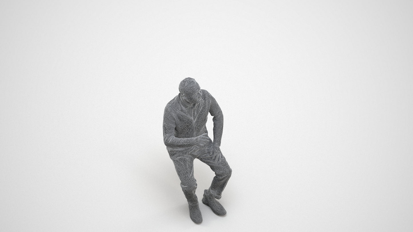 3D scanned man sitting business, photorealistic archviz people for Enscape and SketchUp, wireframe three-quarter view