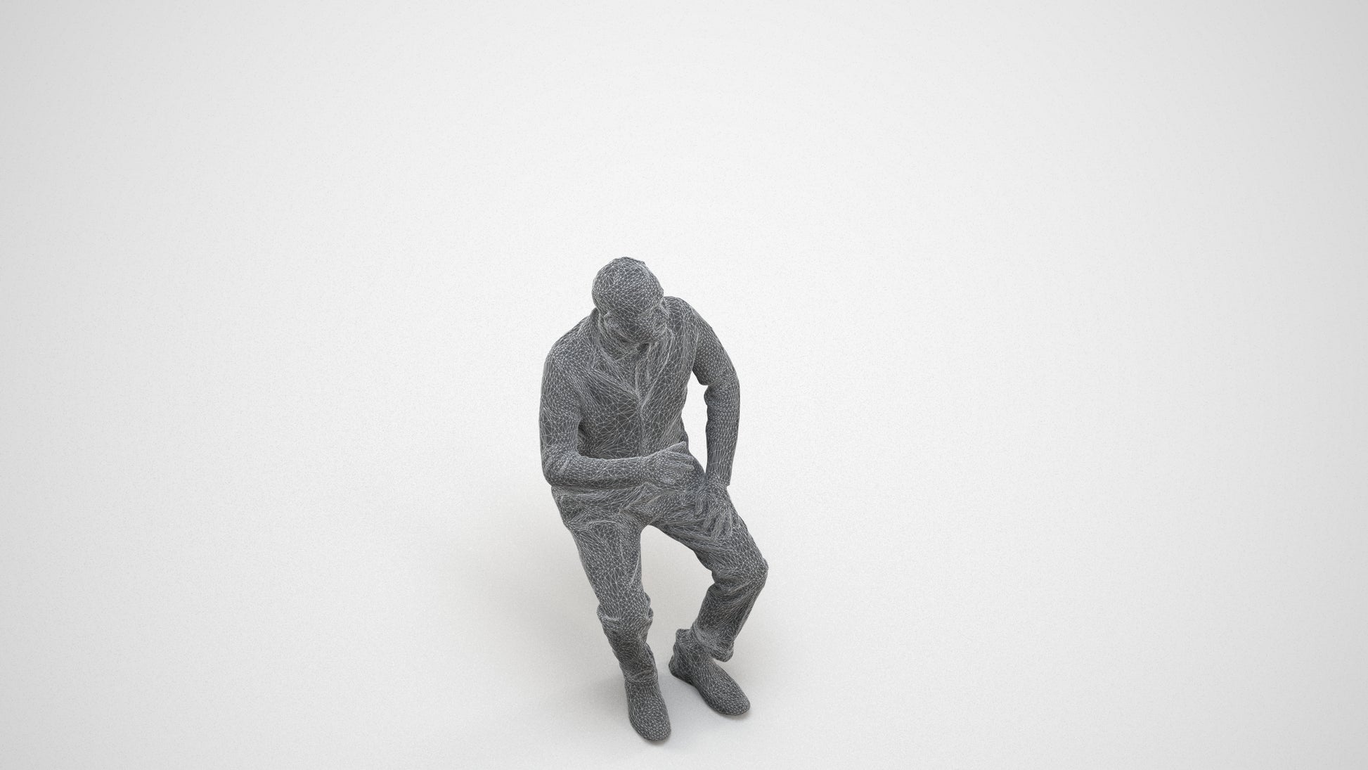 3D scanned man sitting business, photorealistic archviz people for Enscape and SketchUp, wireframe three-quarter view