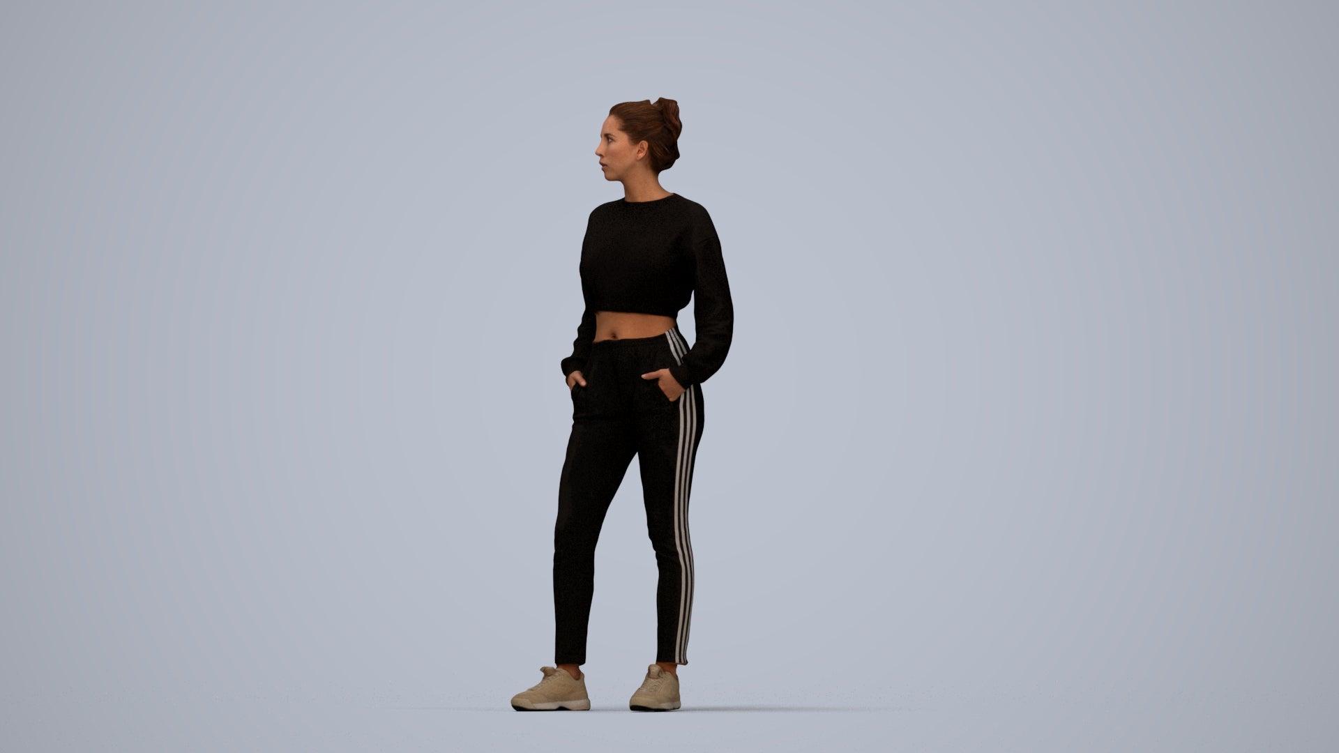 realistic 3D woman sport, scanned archviz people for Blender and 3ds Max, top-down view render