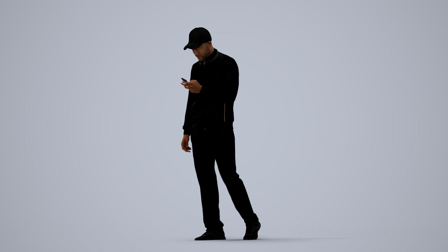 3D human model man sport walking, photogrammetry scanned person for archviz, three-quarter view render