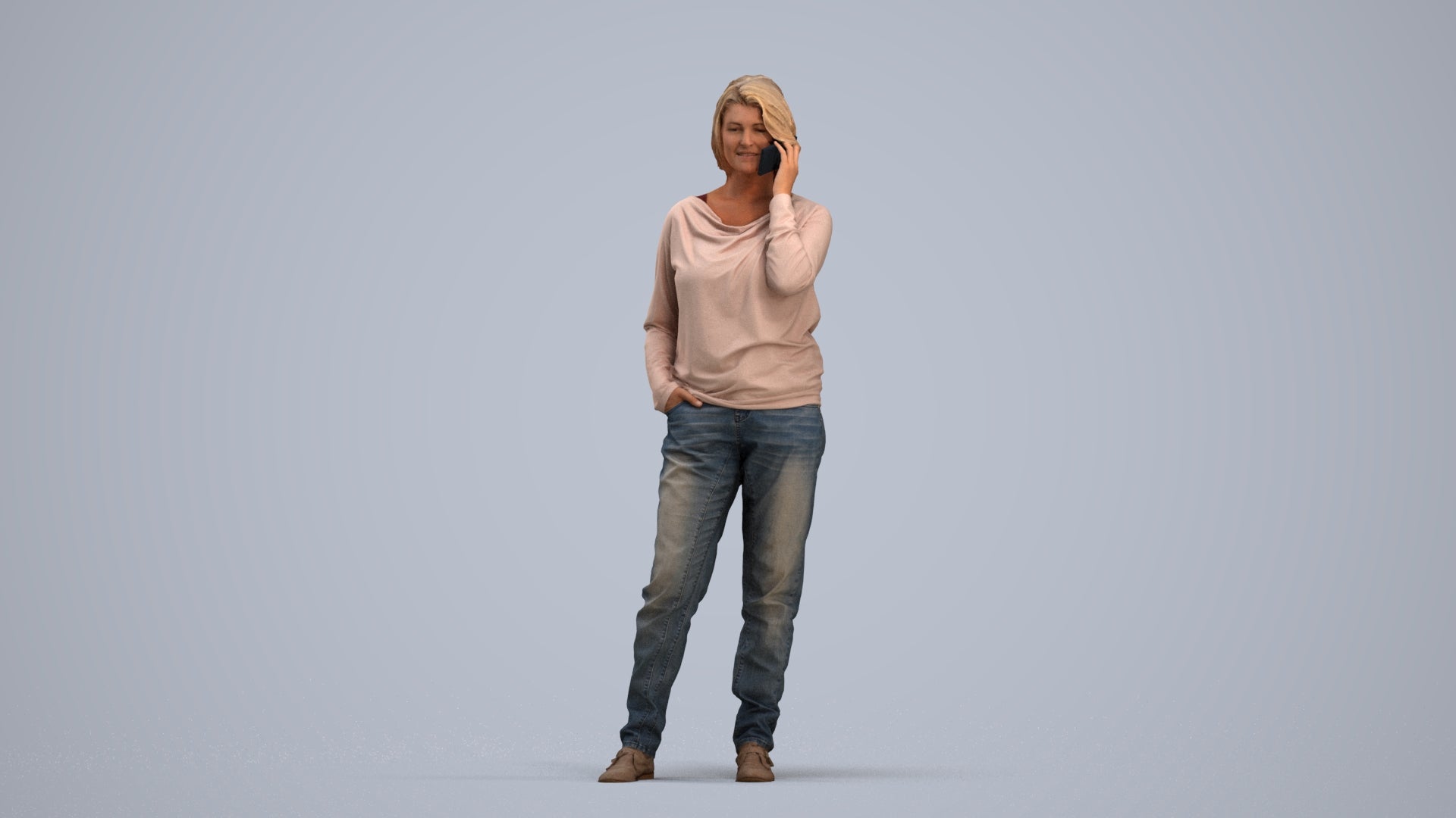 realistic 3D woman casual standing, scanned archviz people for Blender and 3ds Max, standing pose render