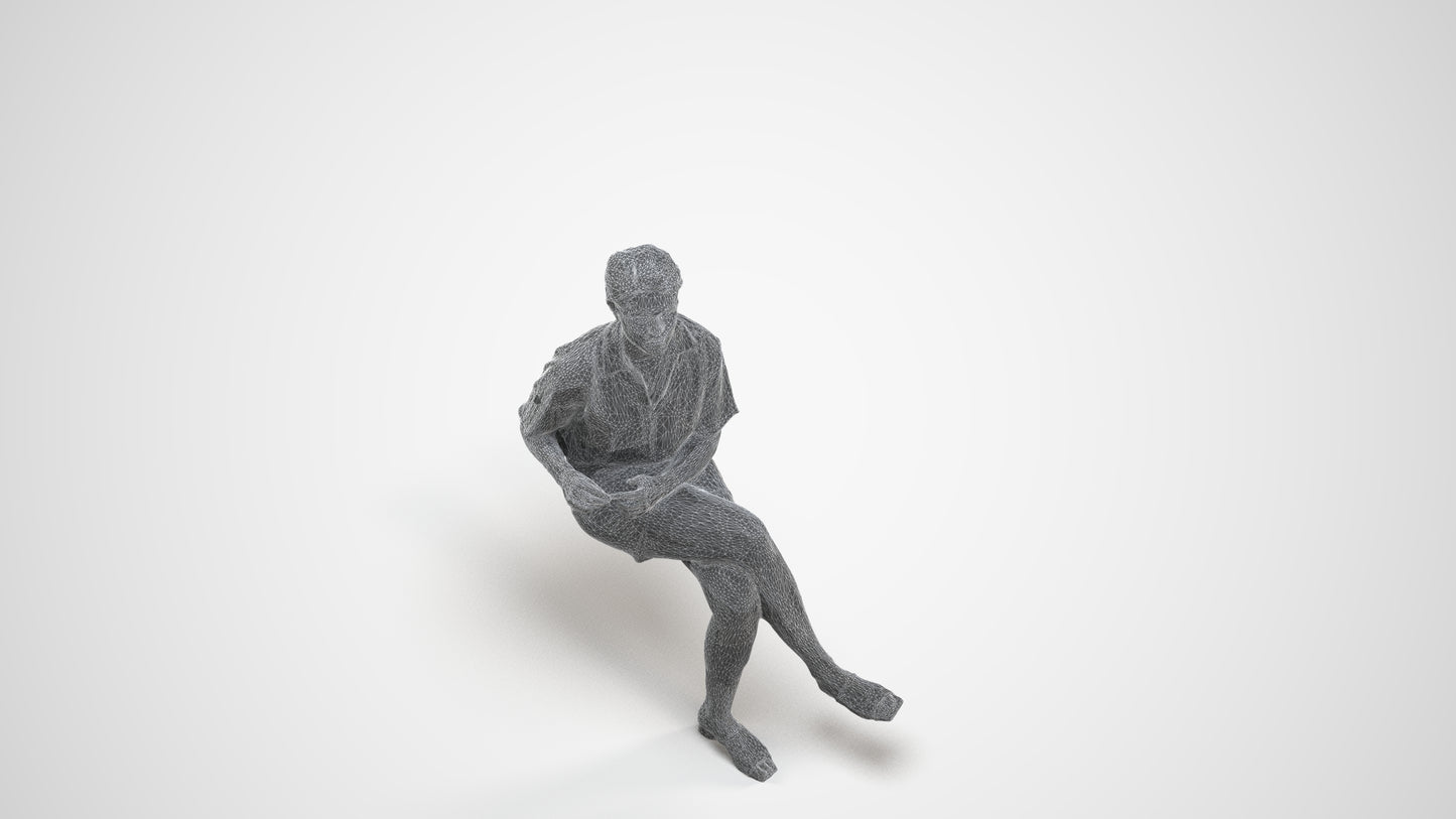 scanned 3D woman casual sitting, photogrammetry people for Enscape and V-Ray, wireframe three-quarter view