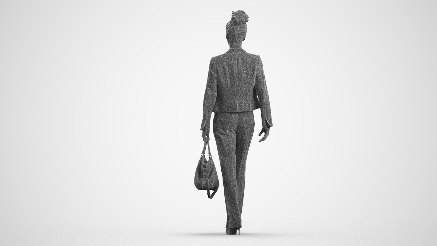 realistic 3D woman business walking, scanned archviz people for Blender and 3ds Max, wireframe front view