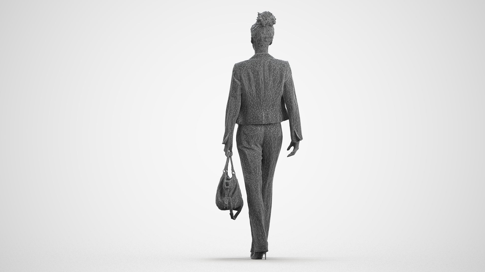 realistic 3D woman business walking, scanned archviz people for Blender and 3ds Max, wireframe front view