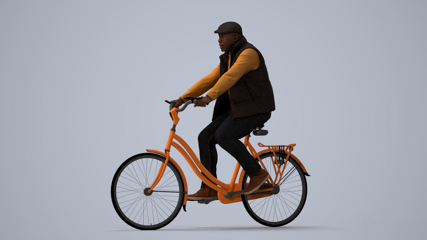 3D people model man casual cycling, scanned human for 3ds Max rendering, three-quarter view render