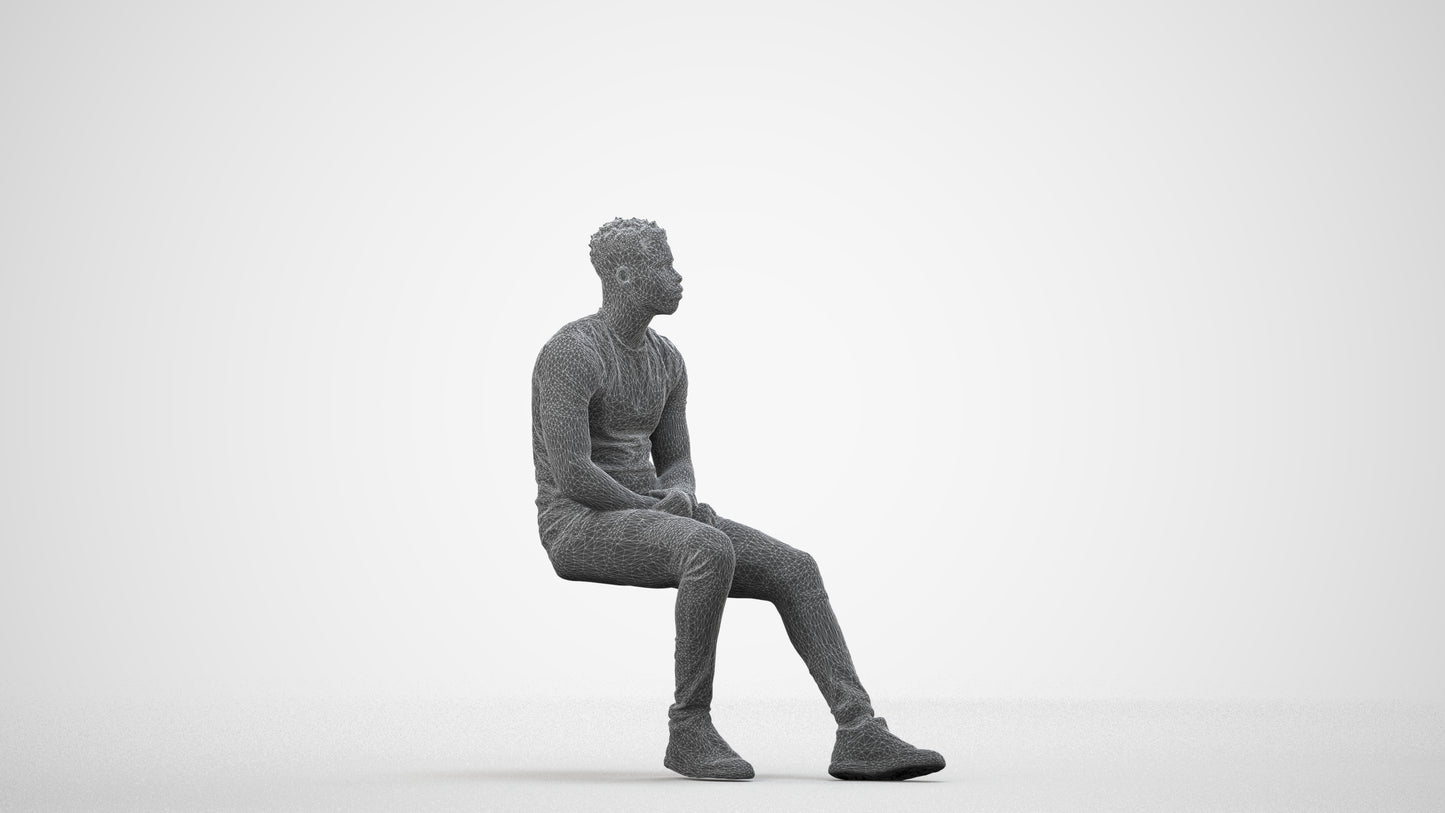 3D scanned man sitting casual, photorealistic archviz people for Enscape and SketchUp, wireframe side view