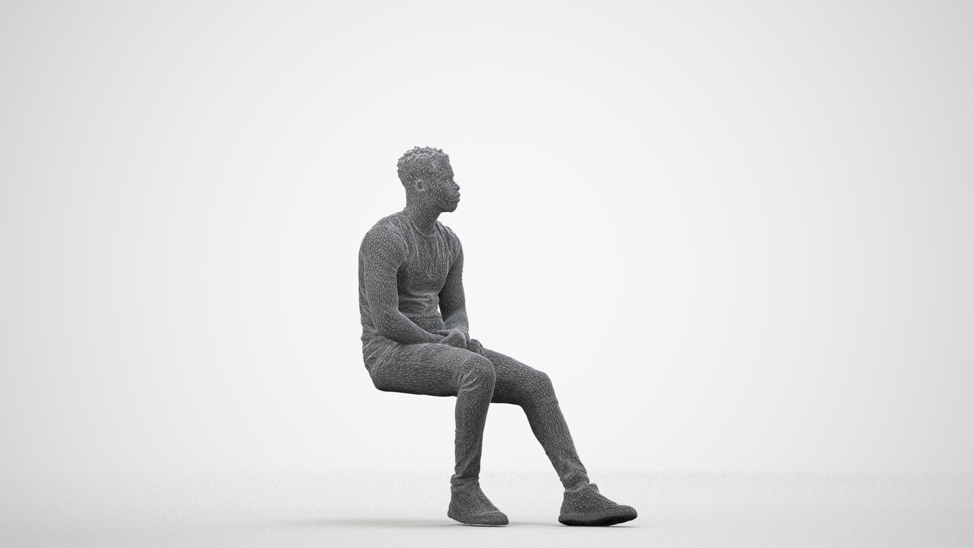 3D scanned man sitting casual, photorealistic archviz people for Enscape and SketchUp, wireframe side view