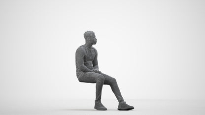 3D scanned man sitting casual, photorealistic archviz people for Enscape and SketchUp, wireframe side view