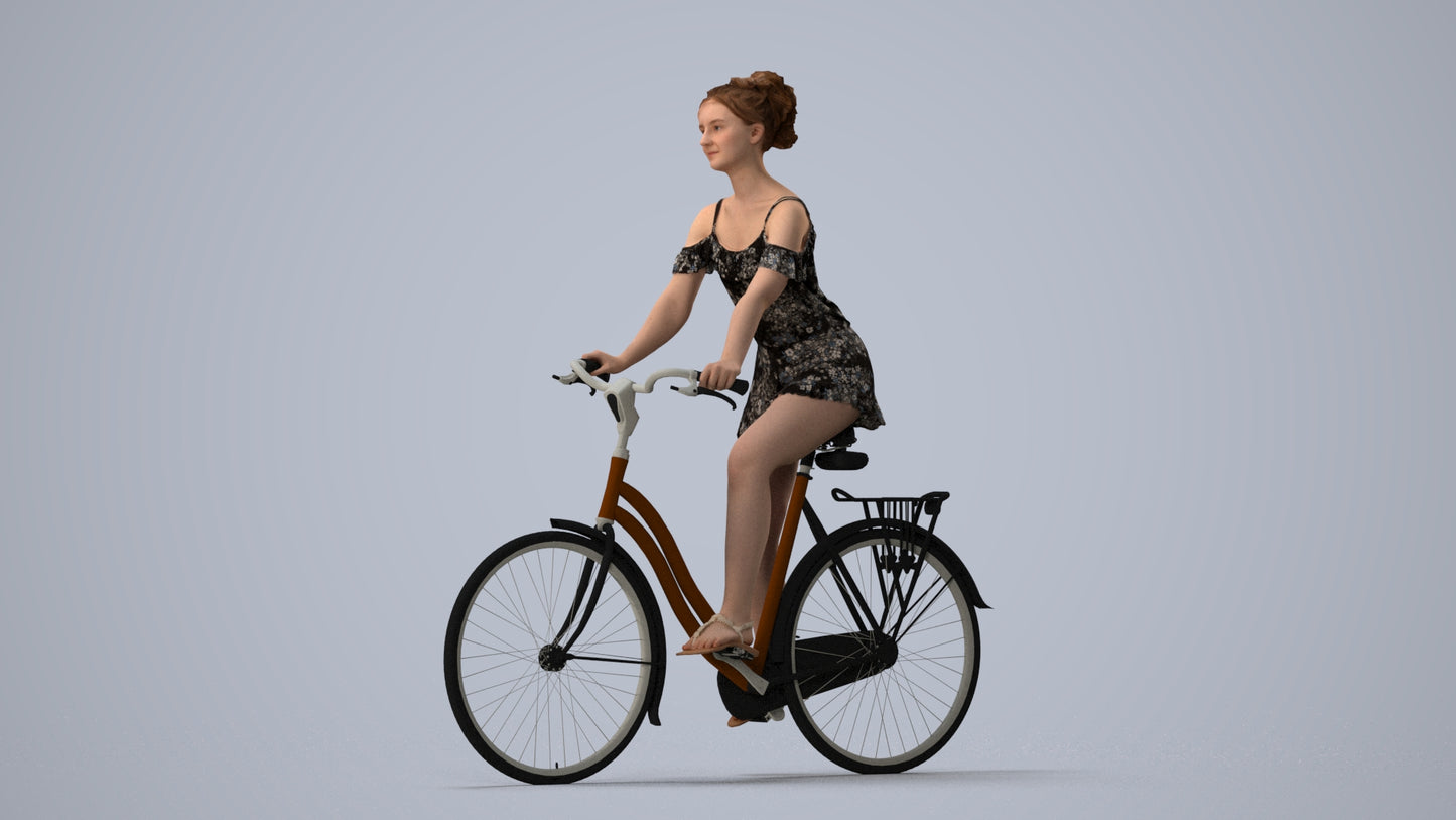 scanned 3D girl casual cycling, photogrammetry people for Enscape and V-Ray, three-quarter view render