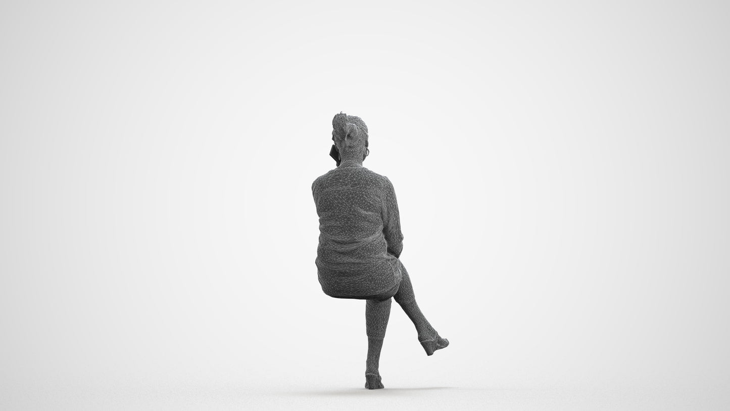 photogrammetry 3D woman casual sitting, realistic human model archviz FBX, wireframe front view