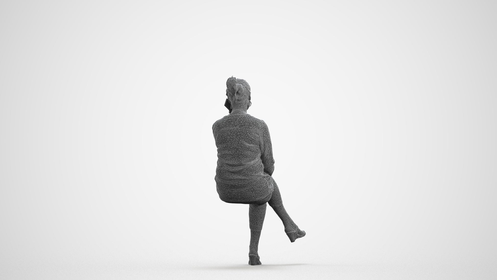 photogrammetry 3D woman casual sitting, realistic human model archviz FBX, wireframe front view