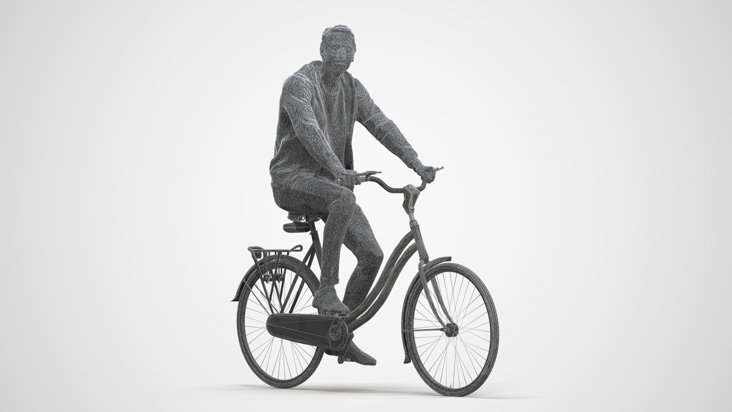photogrammetry 3D man casual cycling, realistic human model archviz FBX, three-quarter front view render
