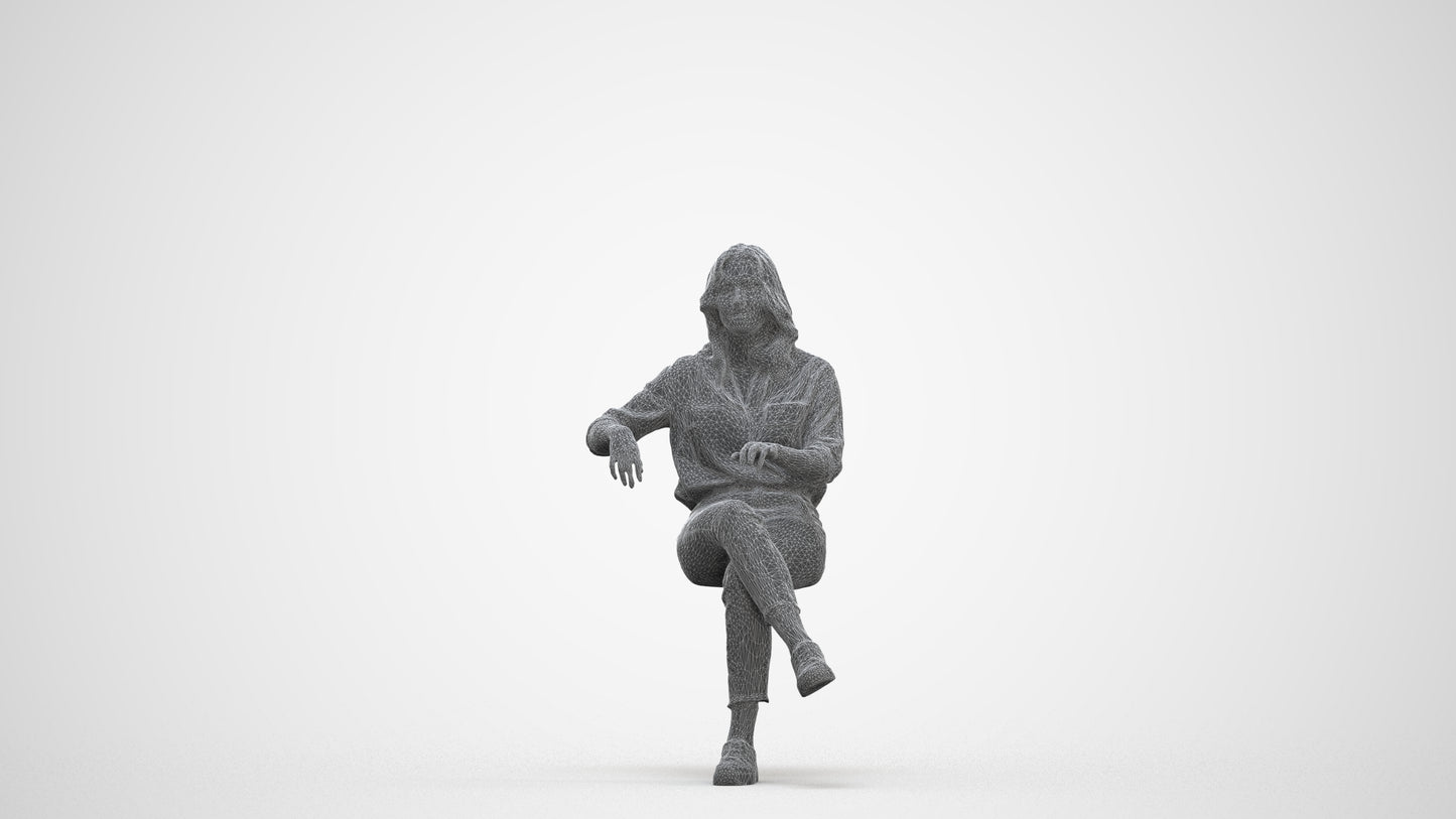 realistic 3D human woman casual sitting, archviz people FBX OBJ for Blender, three-quarter front view render