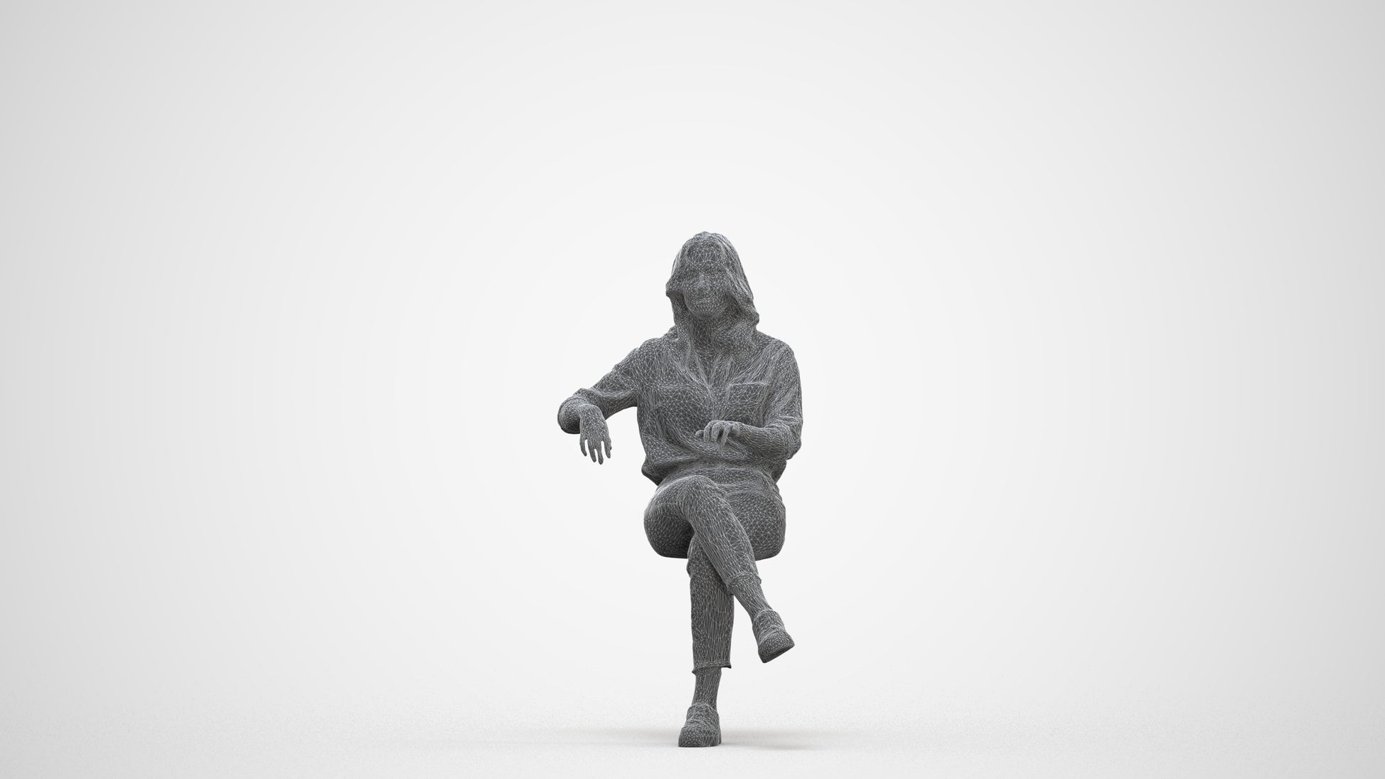 realistic 3D human woman casual sitting, archviz people FBX OBJ for Blender, three-quarter front view render