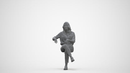 realistic 3D human woman casual sitting, archviz people FBX OBJ for Blender, three-quarter front view render