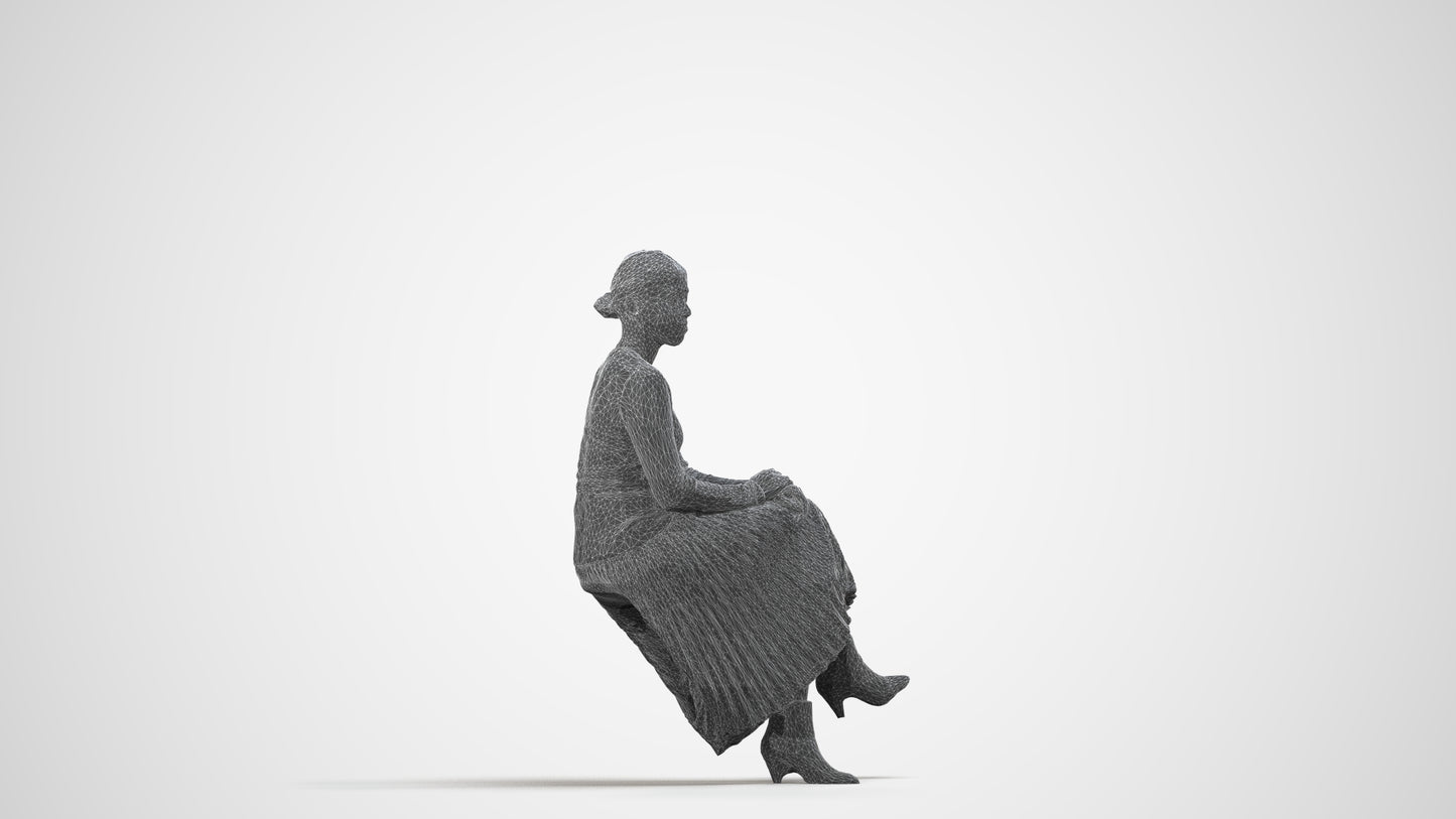 photogrammetry 3D woman casual sitting, realistic human model archviz FBX, wireframe side view
