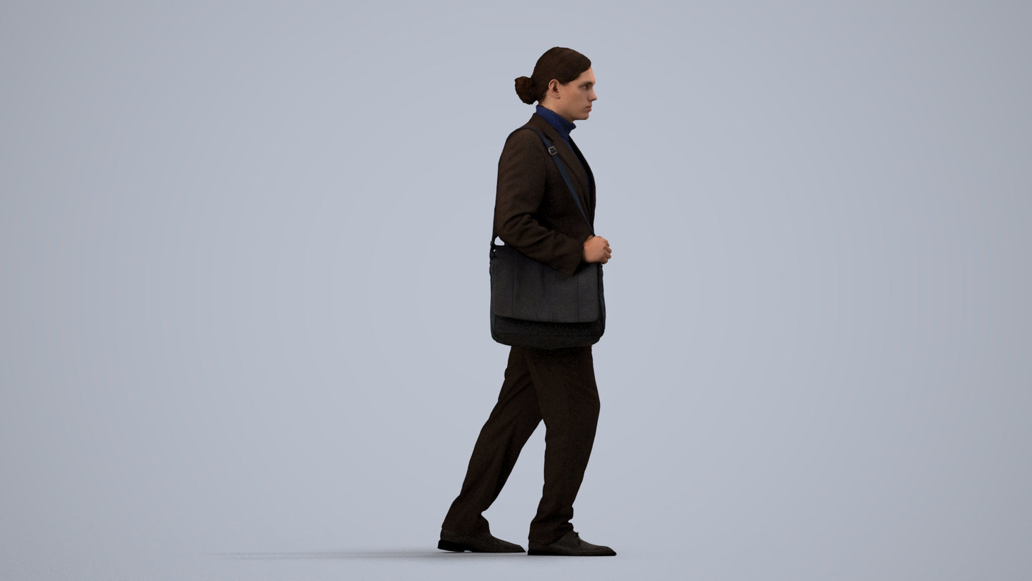 realistic 3D human man business walking, archviz people FBX OBJ for Blender, side view render