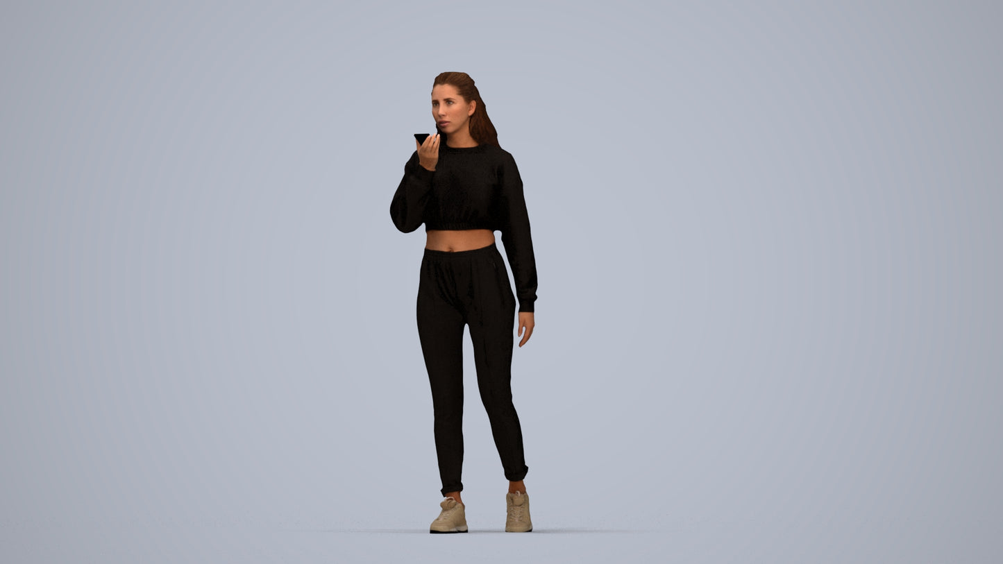3D human model woman sport, photogrammetry scanned person for archviz, top-down view render