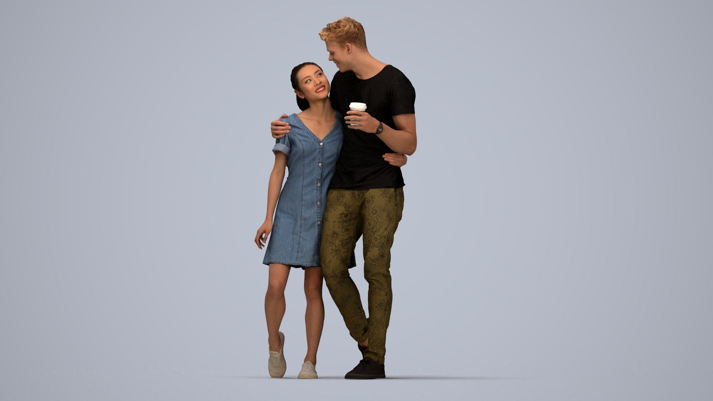 realistic 3D human woman casual couple, archviz people FBX OBJ for Blender, top-down view render