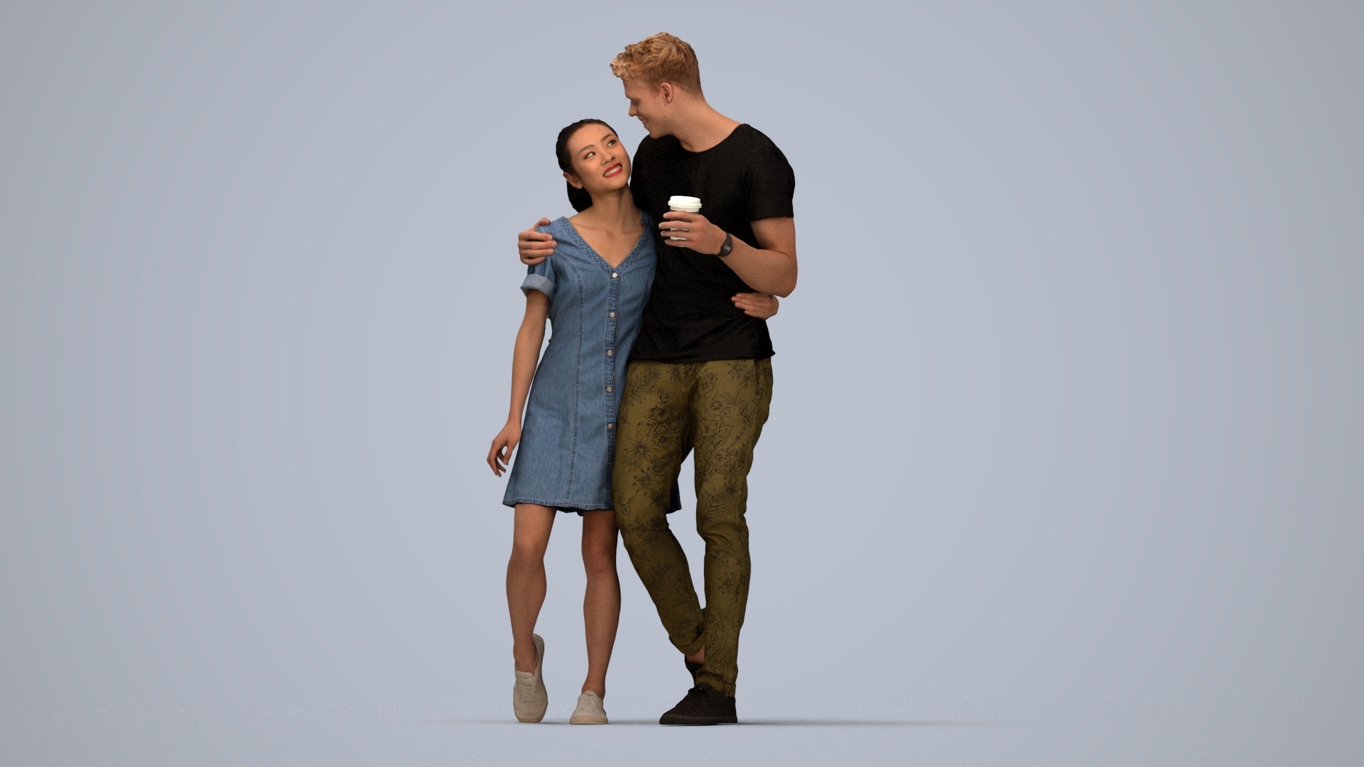 realistic 3D human woman casual couple, archviz people FBX OBJ for Blender, top-down view render